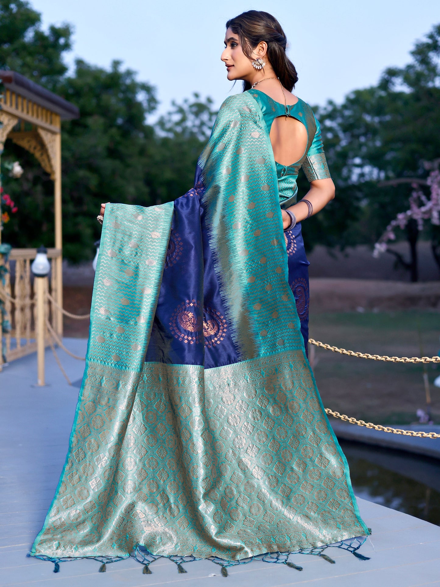 Grandeur Royal Blue and Coral Silk Saree with Intricate Zari Work