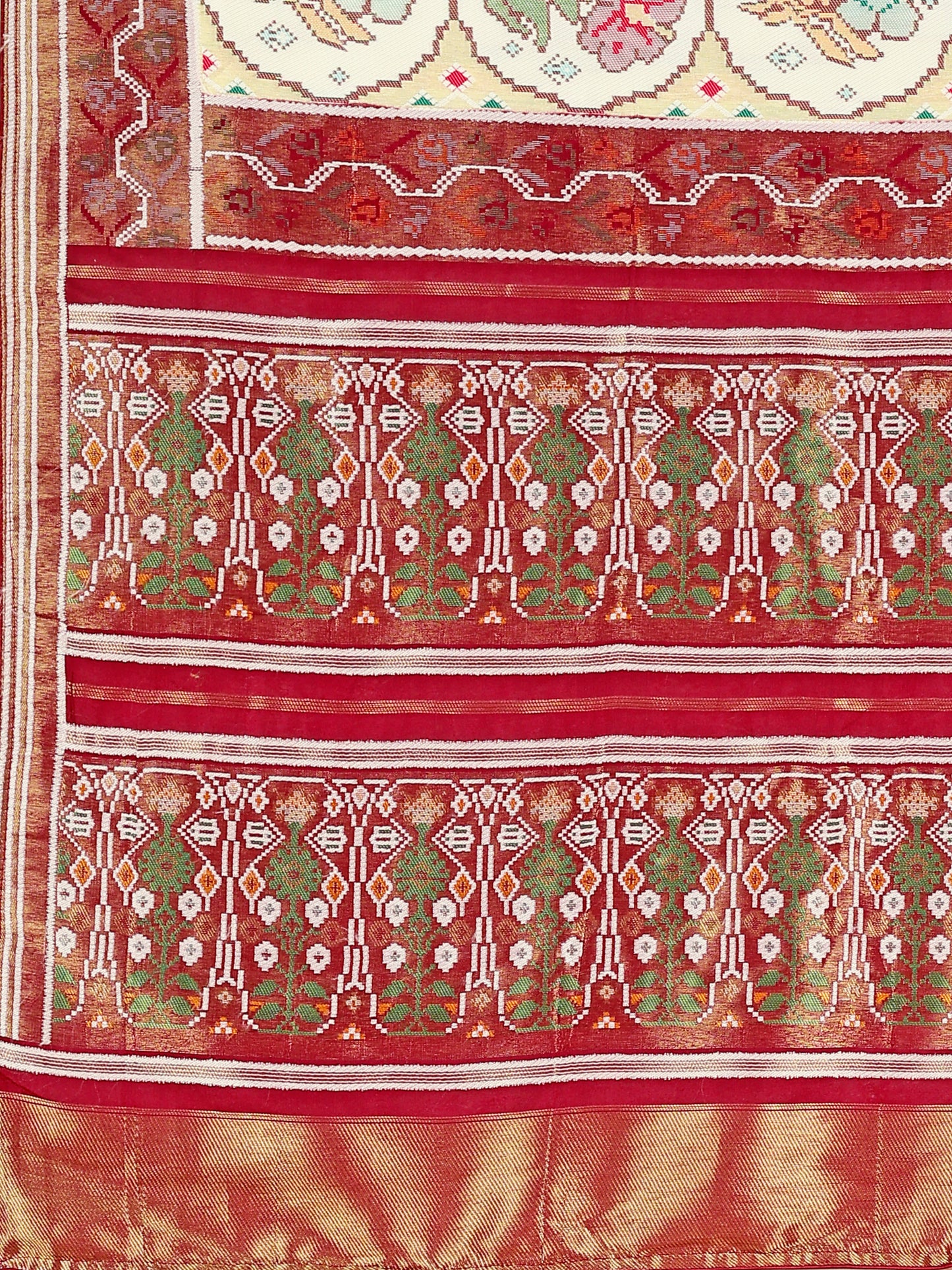 Maroon and Cream Color Women's Soft Patola Silk meenakari weawing motifs with Rich Zari Pallu and contrast border with Tessels.