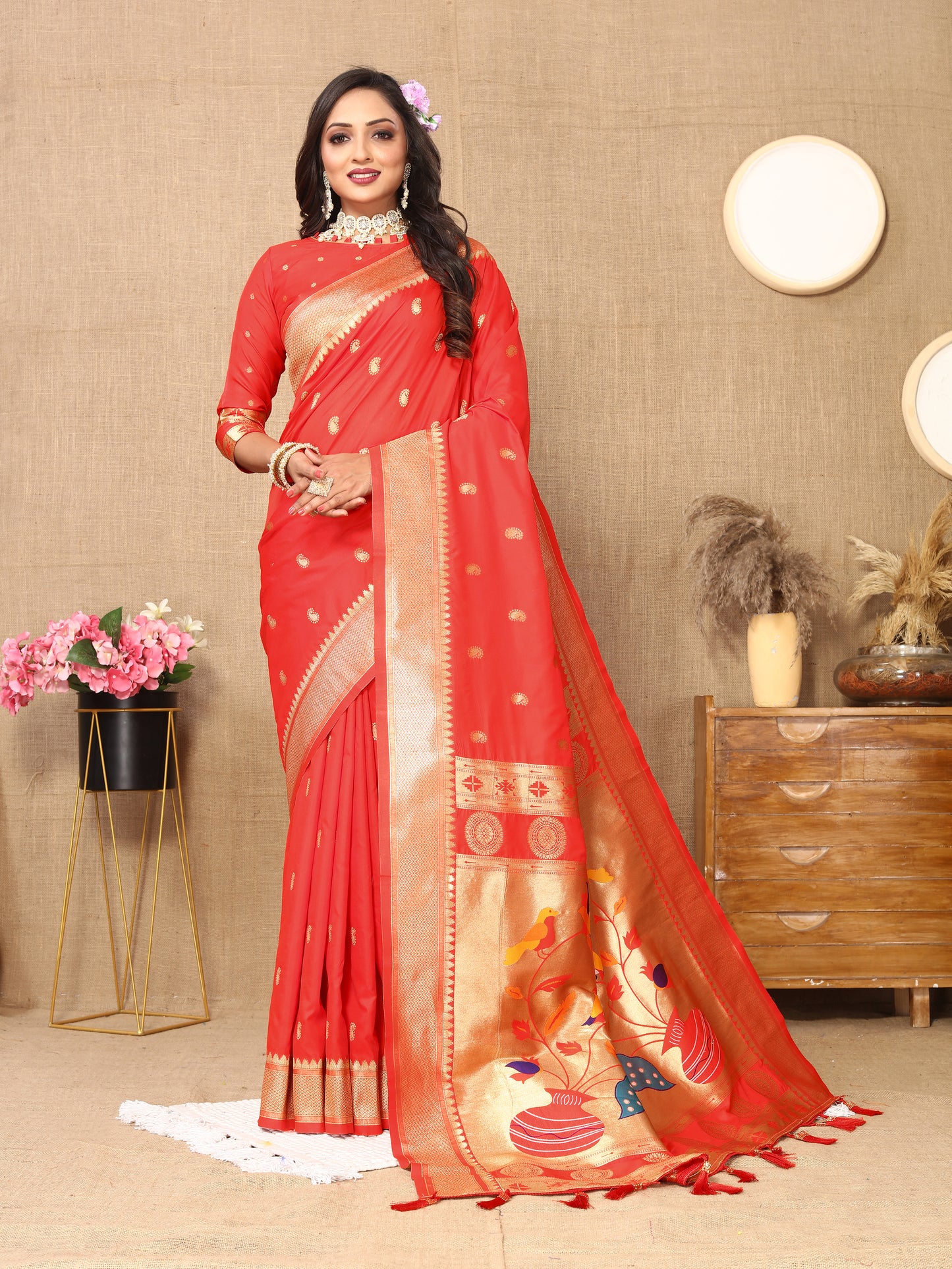 Red Color Zari Woven Soft Paithani Silk Sarees With Rich Weaving Pallu with tassels.