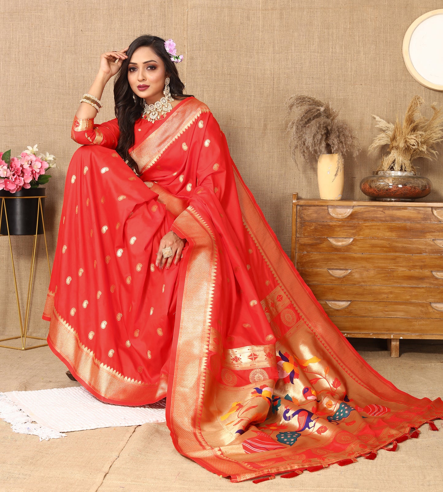 Red Color Zari Woven Soft Paithani Silk Sarees With Rich Weaving Pallu with tassels.