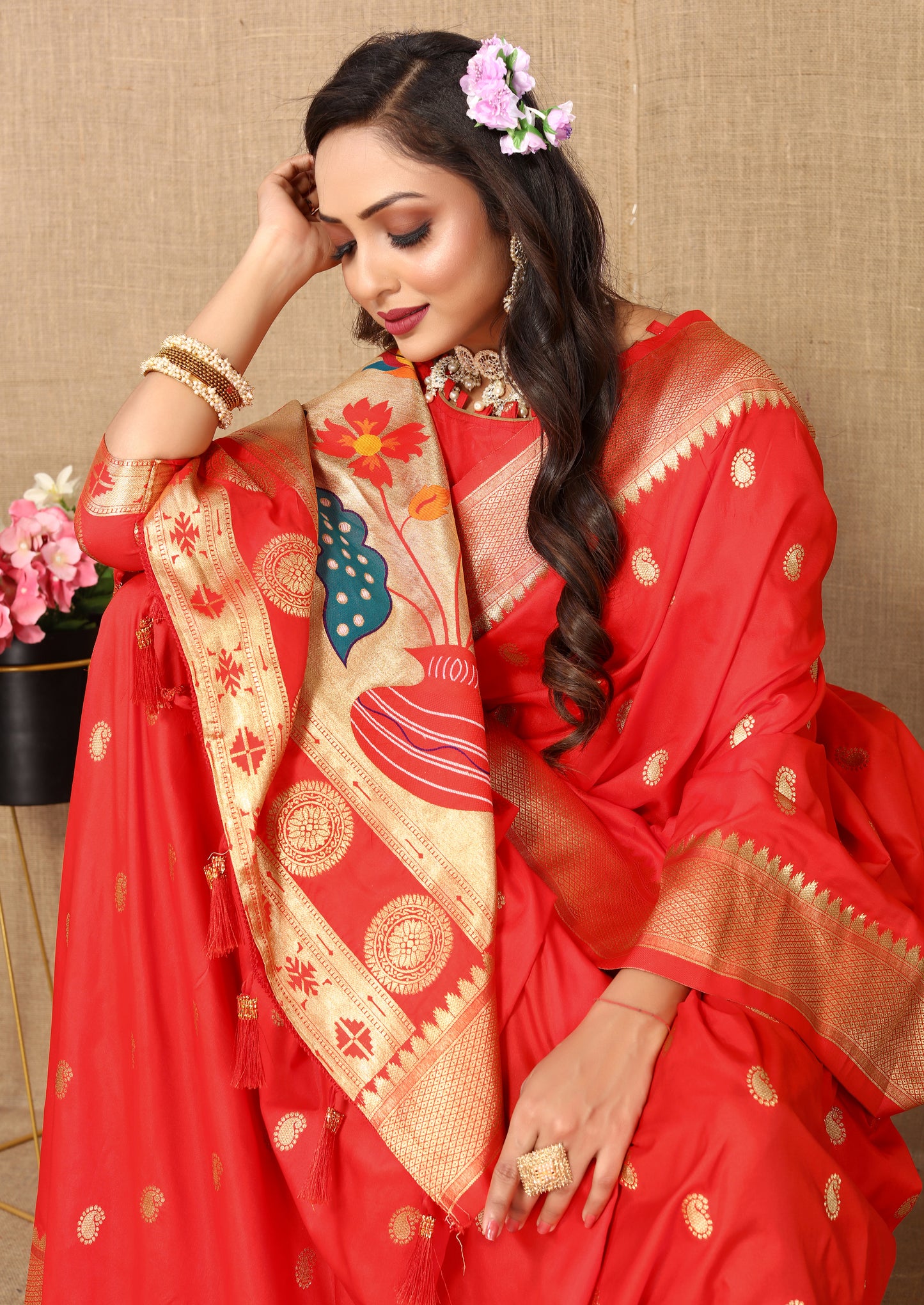 Red Color Zari Woven Soft Paithani Silk Sarees With Rich Weaving Pallu with tassels.