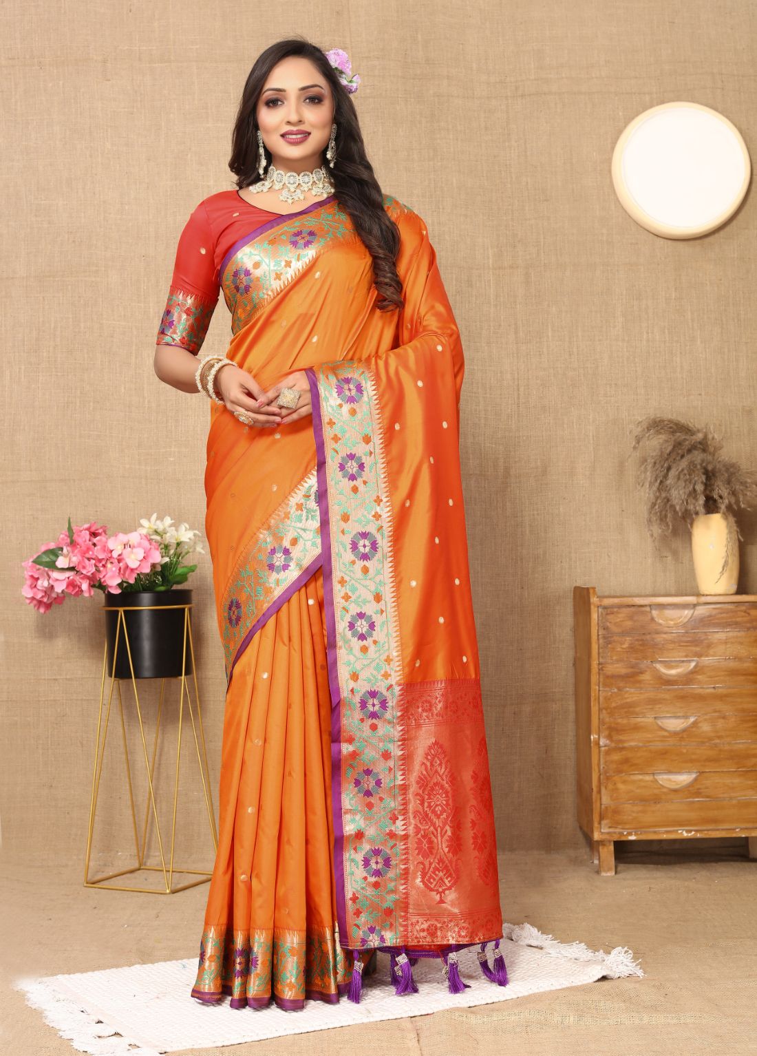 Orange Color Golden Zari Woven Soft Paithani Silk Sarees With Rich Weaving Pallu with tassels.