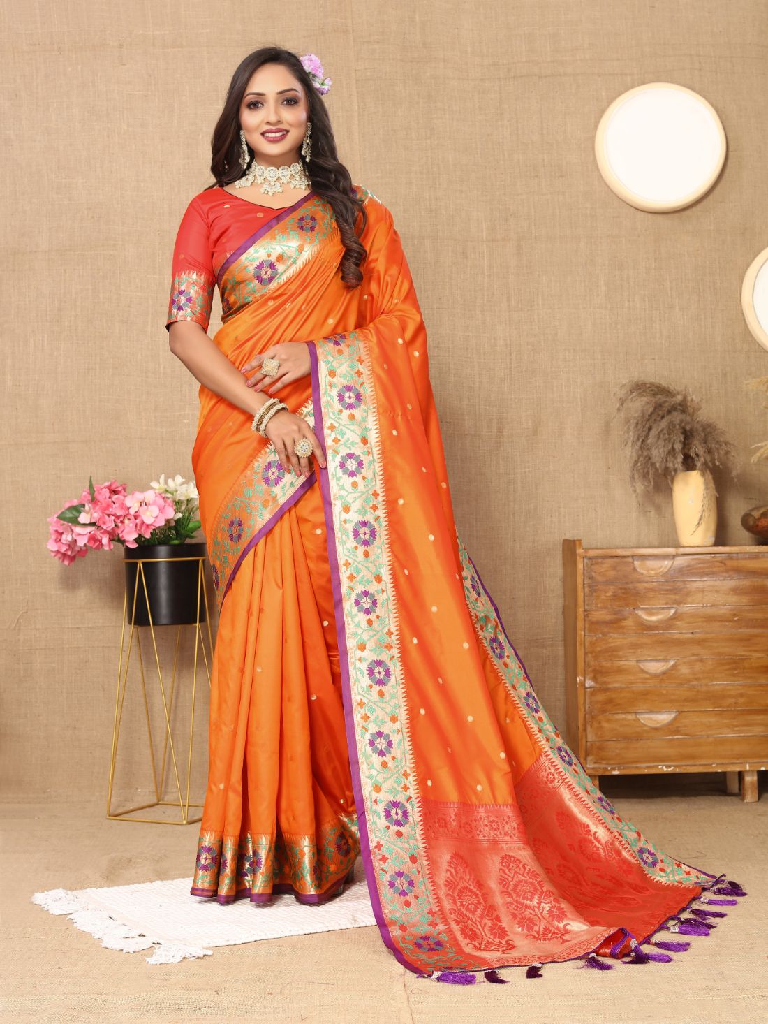 Orange Color Golden Zari Woven Soft Paithani Silk Sarees With Rich Weaving Pallu with tassels.