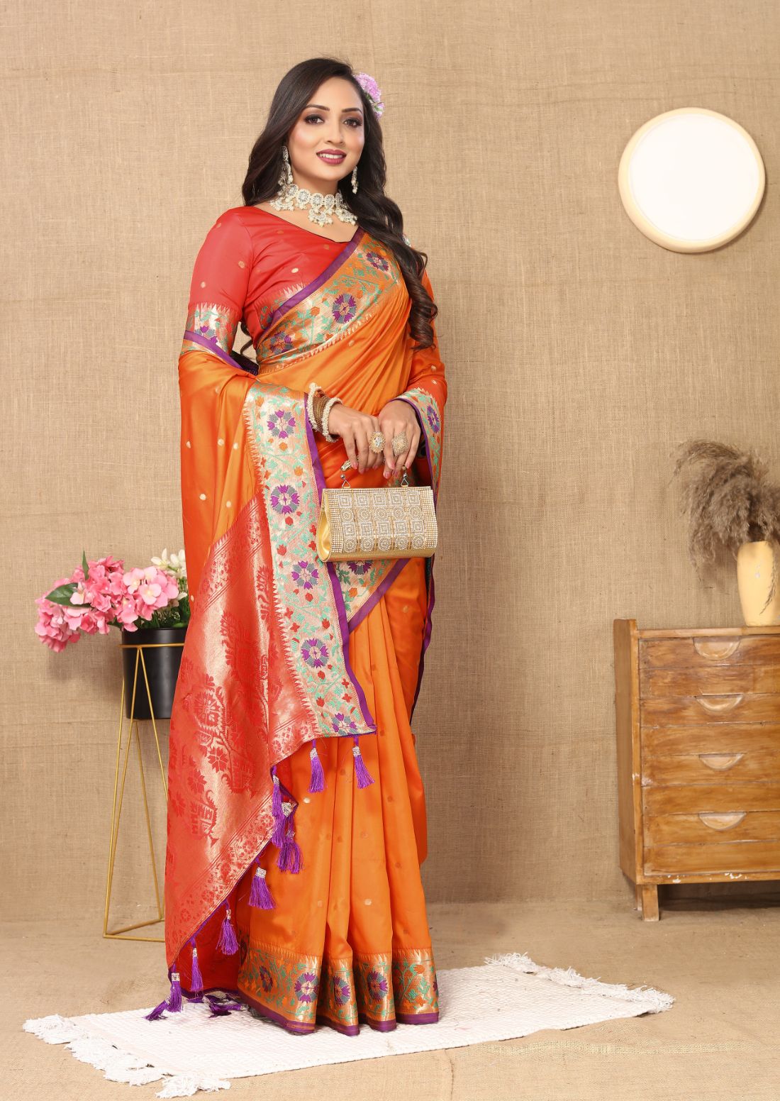 Orange Color Golden Zari Woven Soft Paithani Silk Sarees With Rich Weaving Pallu with tassels.