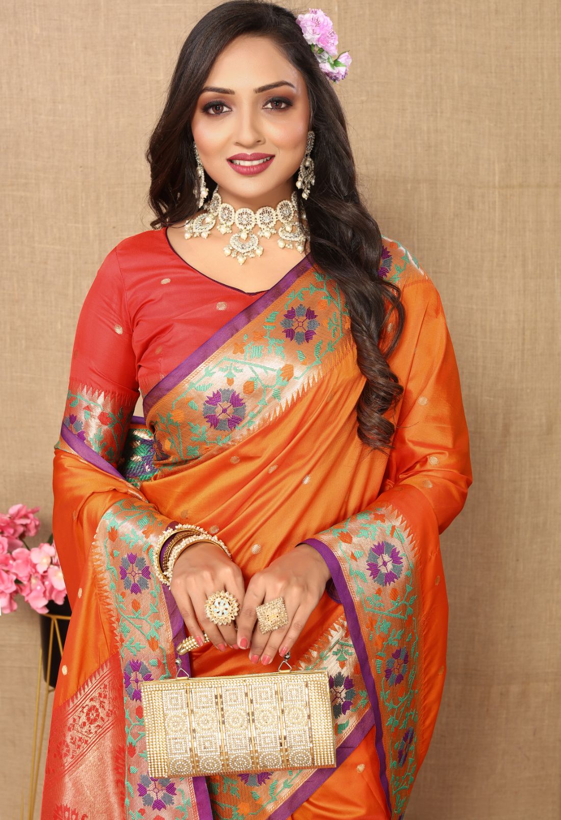 Orange Color Golden Zari Woven Soft Paithani Silk Sarees With Rich Weaving Pallu with tassels.