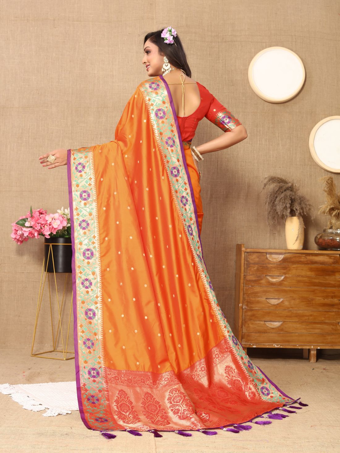 Orange Color Golden Zari Woven Soft Paithani Silk Sarees With Rich Weaving Pallu with tassels.