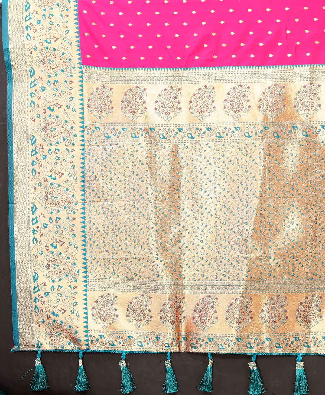 Pink Color Exclusive Soft Silk Zari Woven Work With Rich Pallu and Contrast Border With Tessels Women's Saree with Unstiched Blouse Pieces.