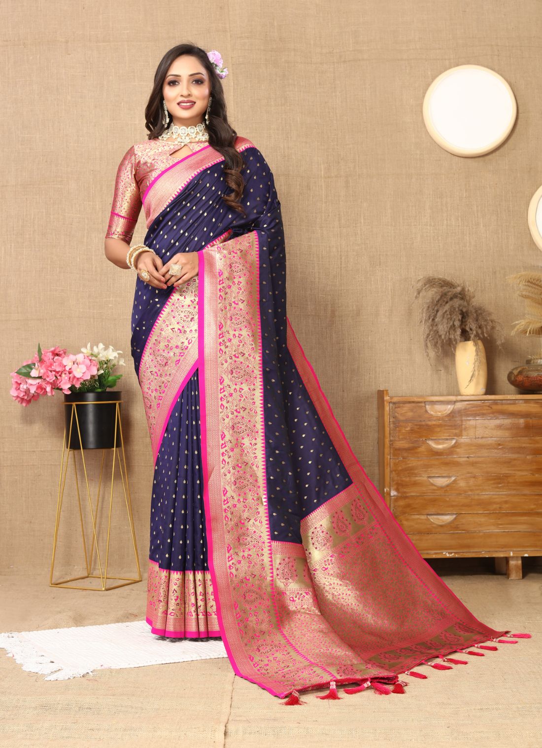 Nevy Blue Color Exclusive Soft Silk Zari Woven Work With Rich Pallu and Contrast Border With Tessels Women's Saree with Unstiched Blouse Pieces.