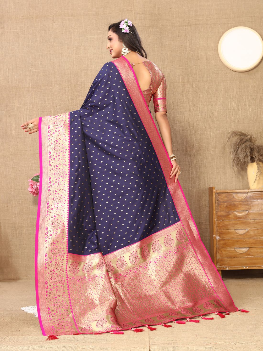 Nevy Blue Color Exclusive Soft Silk Zari Woven Work With Rich Pallu and Contrast Border With Tessels Women's Saree with Unstiched Blouse Pieces.
