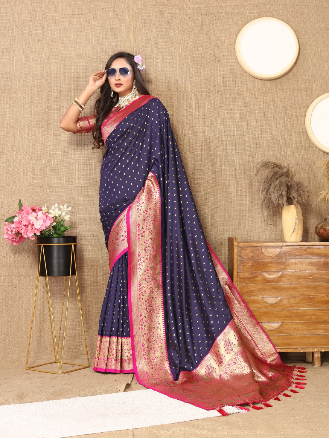 Nevy Blue Color Exclusive Soft Silk Zari Woven Work With Rich Pallu and Contrast Border With Tessels Women's Saree with Unstiched Blouse Pieces.