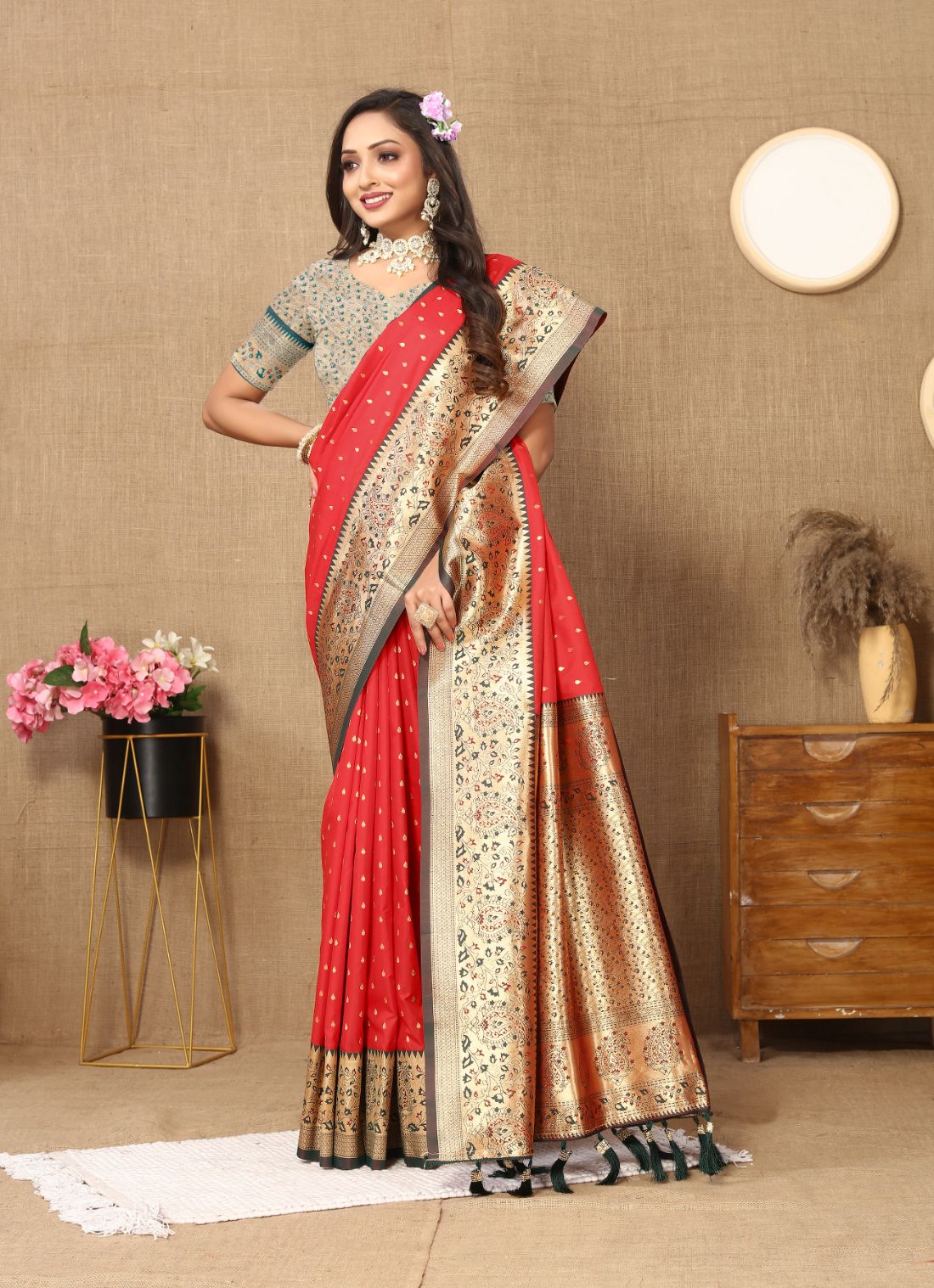 Red Color Exclusive Soft Silk Zari Woven Work With Rich Pallu and Contrast Border With Tessels Women's Saree with Unstiched Blouse Pieces