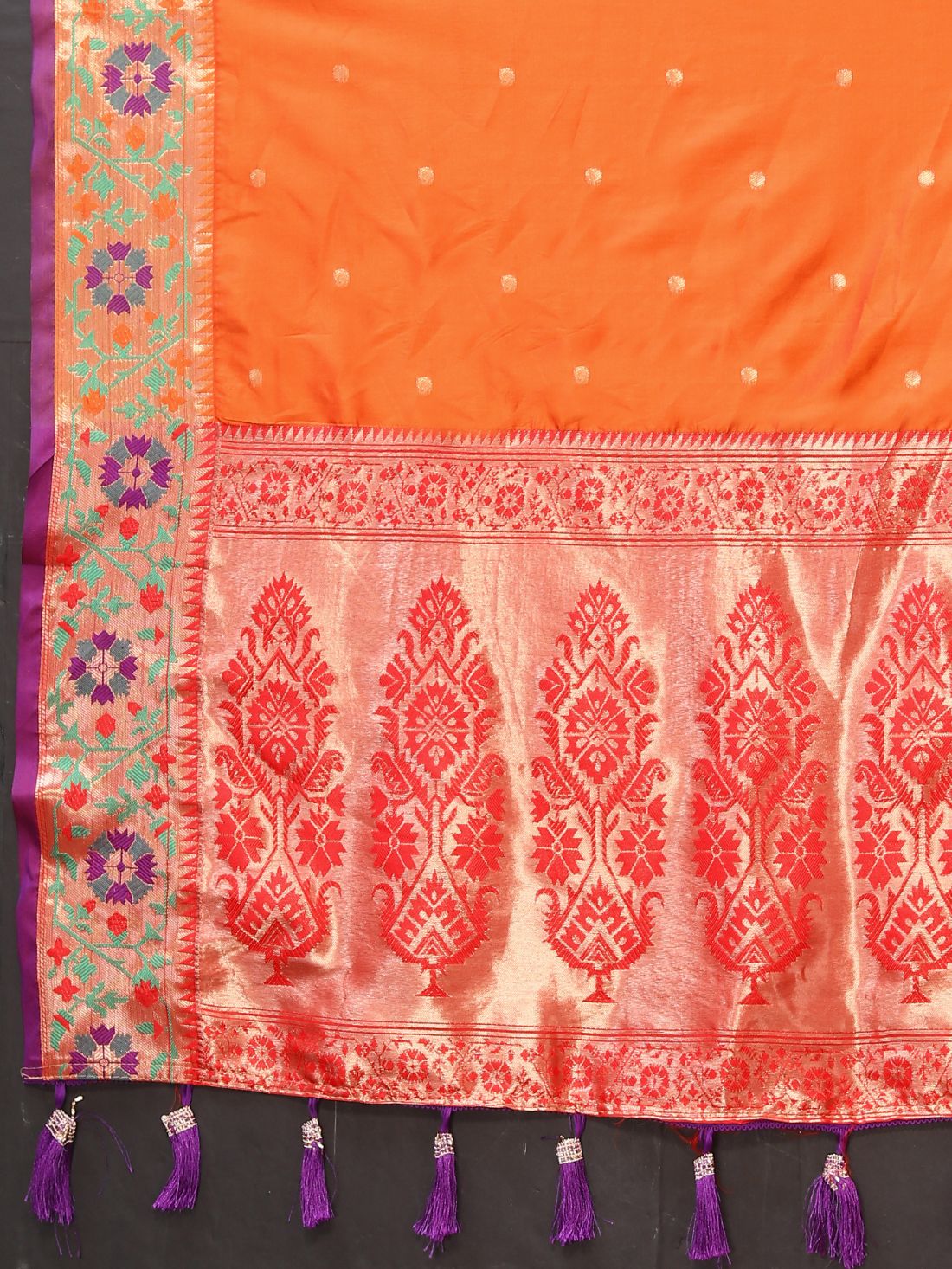 Orange Color Golden Zari Woven Soft Paithani Silk Sarees With Rich Weaving Pallu with tassels.