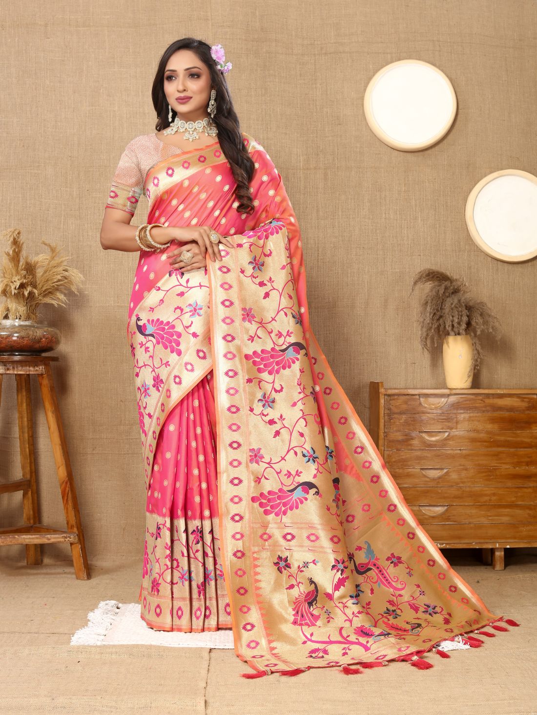 Peach Color Zari Woven Soft Paithani Silk Sarees With Rich Weaving Pallu with tassels.