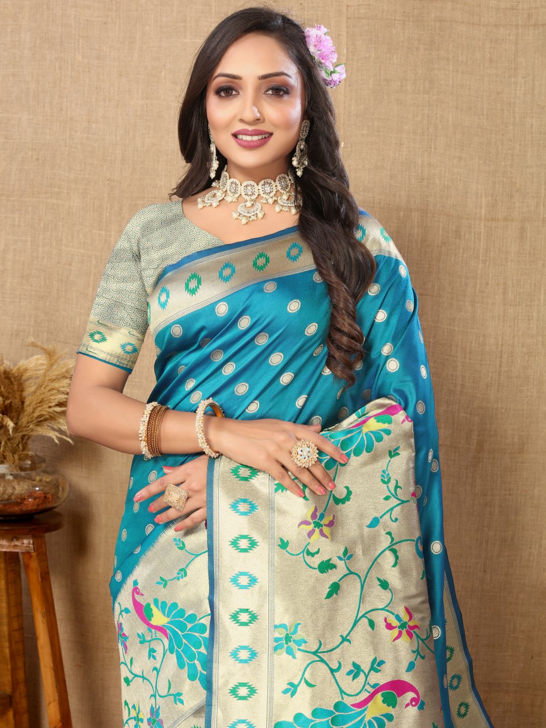 Aqua Blue Color Zari Woven Soft Paithani Silk Sarees With Rich Weaving Pallu with tassels.