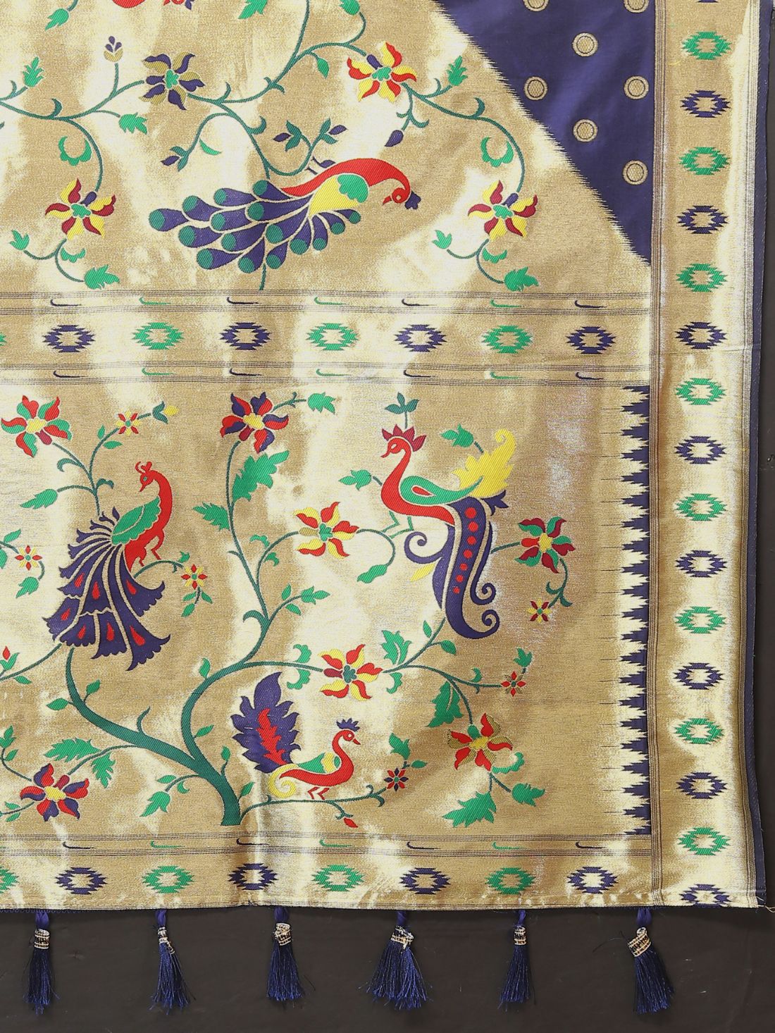 Nevy Blue Color Zari Woven Soft Paithani Silk Sarees With Rich Weaving Pallu with tassels.