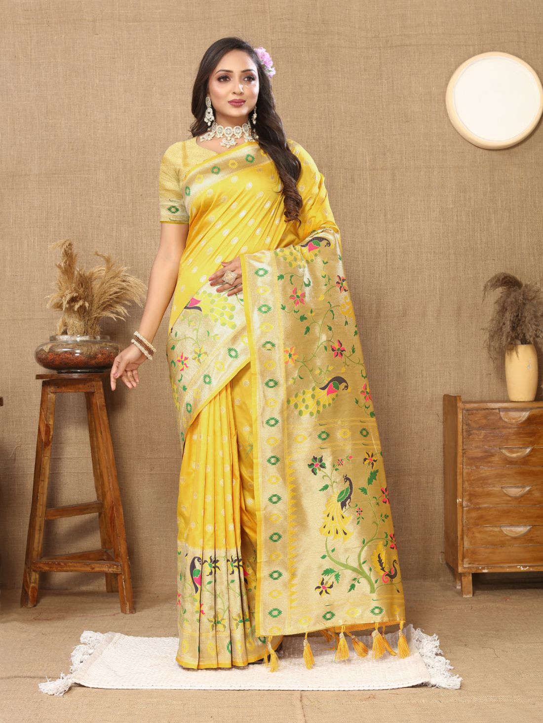 Yellow Color Zari Woven Soft Paithani Silk Sarees With Rich Weaving Pallu with tassels.