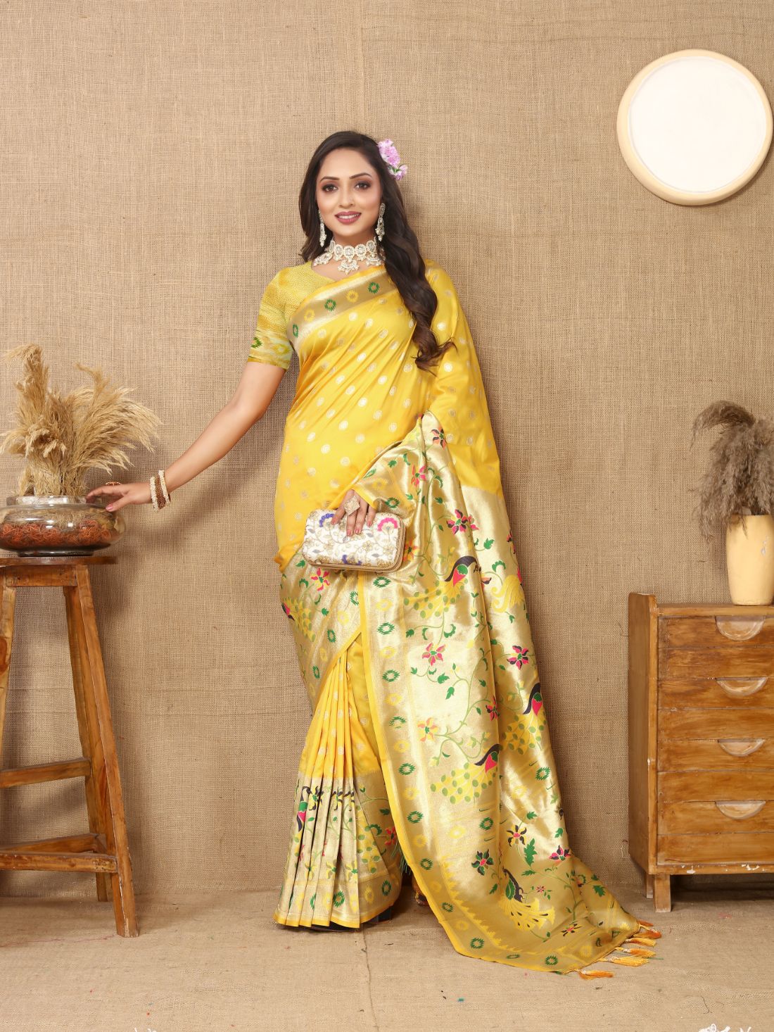 Yellow Color Zari Woven Soft Paithani Silk Sarees With Rich Weaving Pallu with tassels.