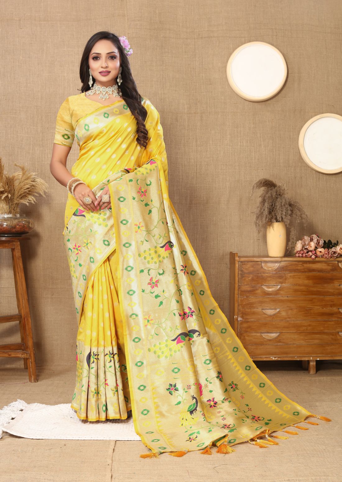 Yellow Color Zari Woven Soft Paithani Silk Sarees With Rich Weaving Pallu with tassels.