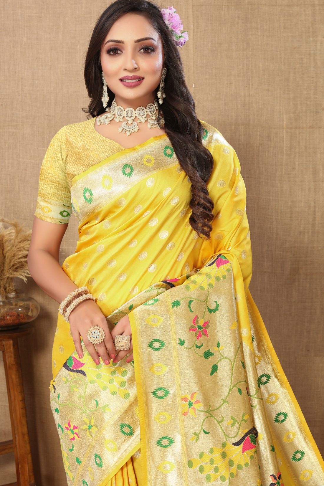 Yellow Color Zari Woven Soft Paithani Silk Sarees With Rich Weaving Pallu with tassels.