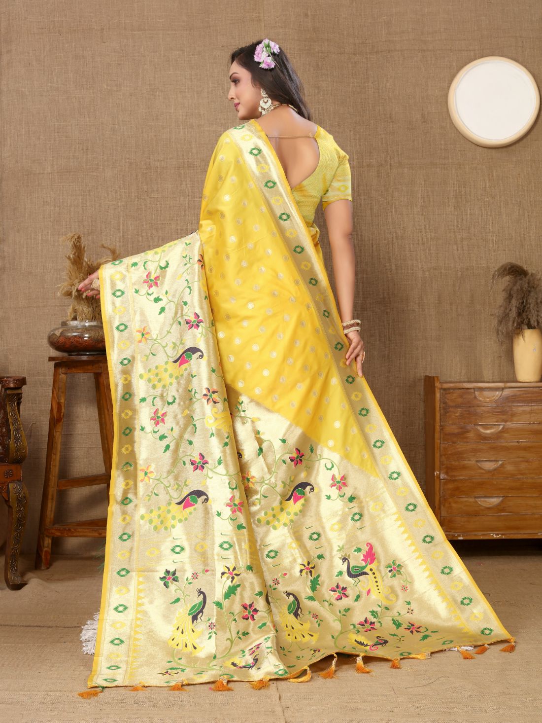 Yellow Color Zari Woven Soft Paithani Silk Sarees With Rich Weaving Pallu with tassels.