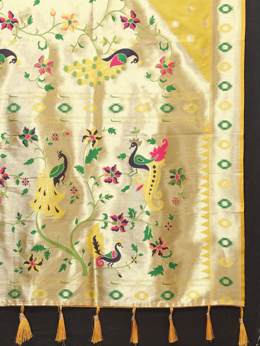 Yellow Color Zari Woven Soft Paithani Silk Sarees With Rich Weaving Pallu with tassels.