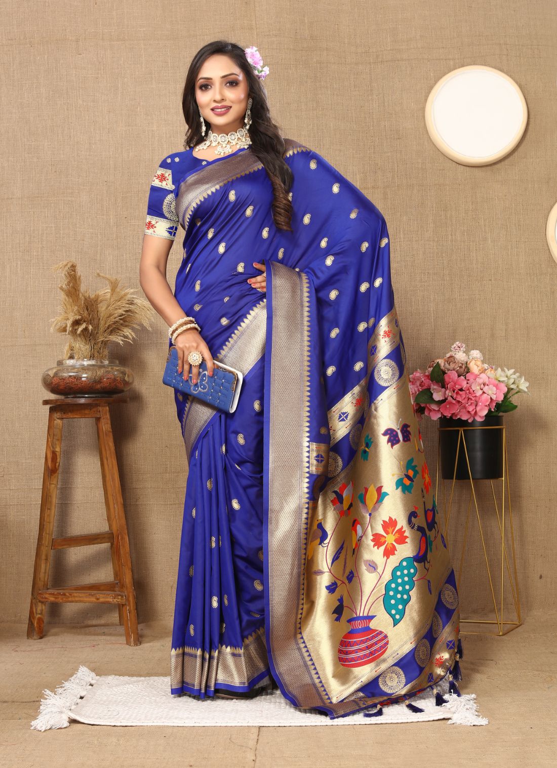Royal Blue Color Zari Woven Soft Paithani Silk Sarees With Rich Weaving Pallu with tassels.