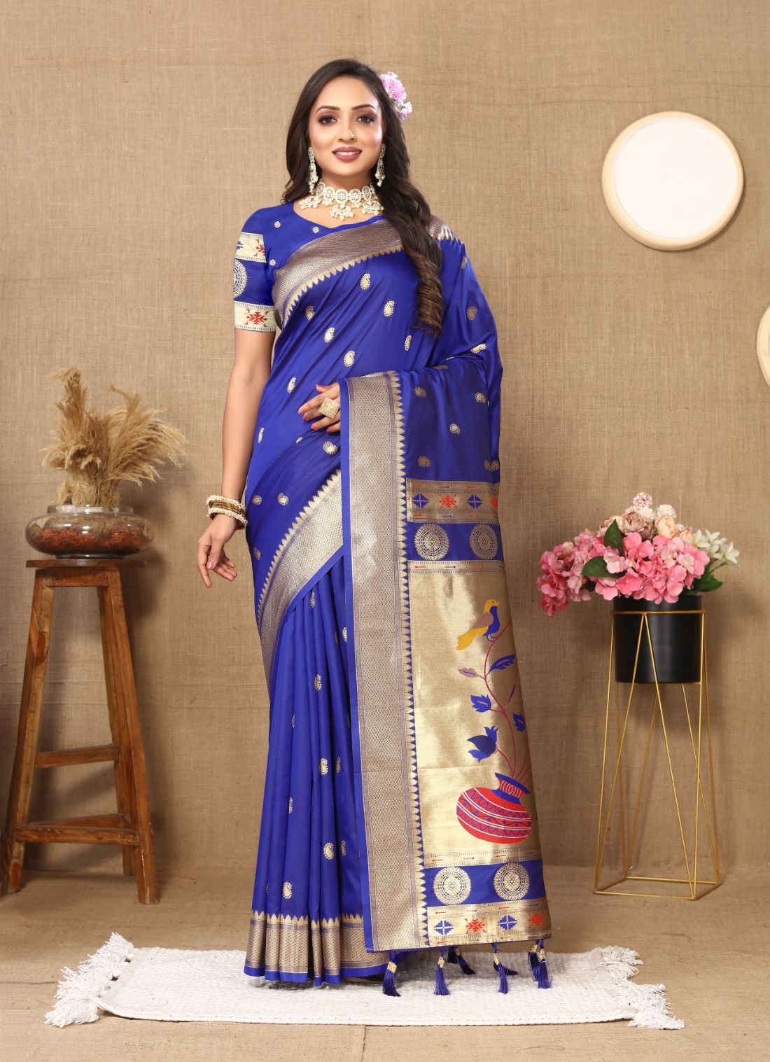 Royal Blue Color Zari Woven Soft Paithani Silk Sarees With Rich Weaving Pallu with tassels.