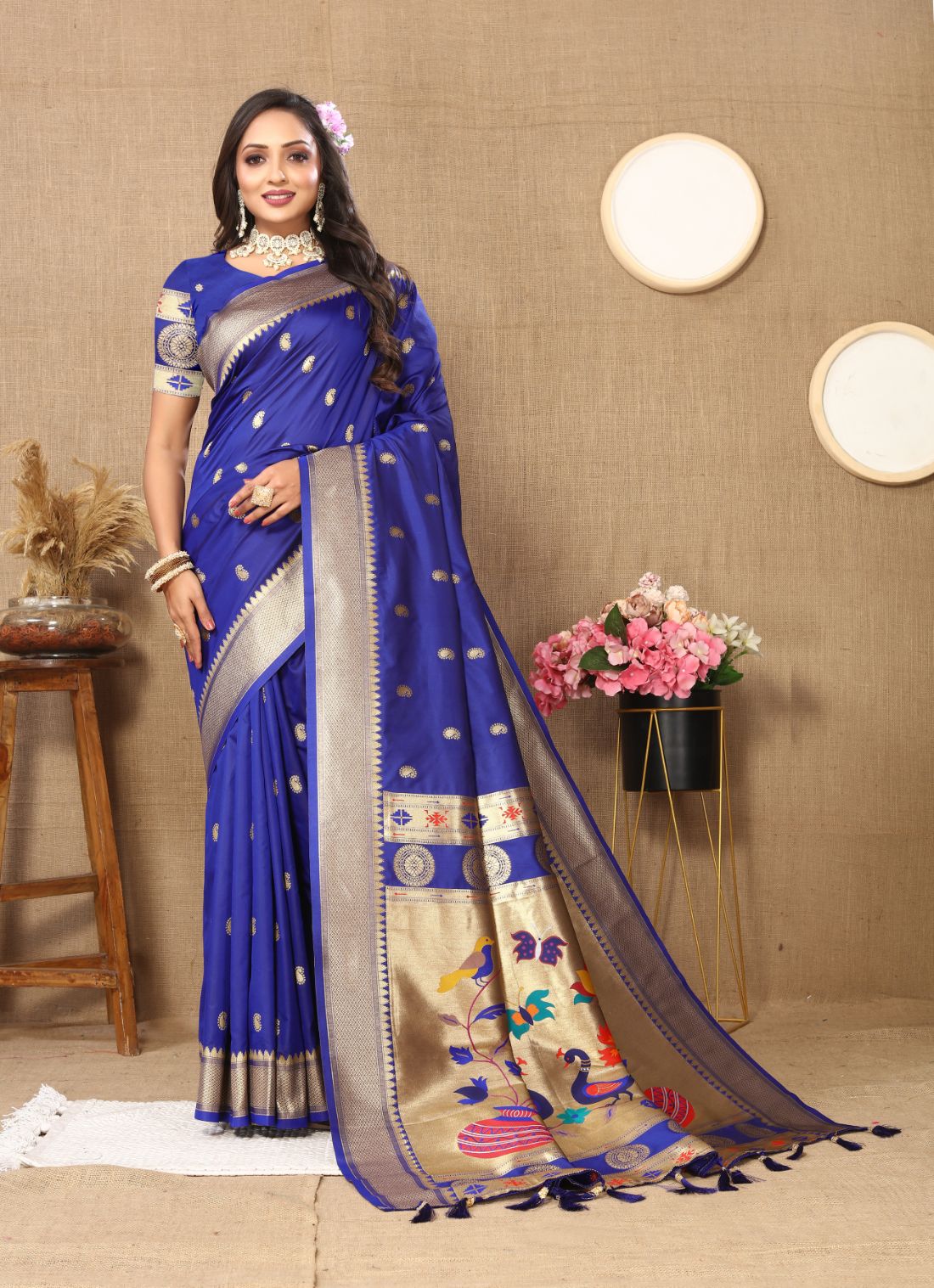 Royal Blue Color Zari Woven Soft Paithani Silk Sarees With Rich Weaving Pallu with tassels.