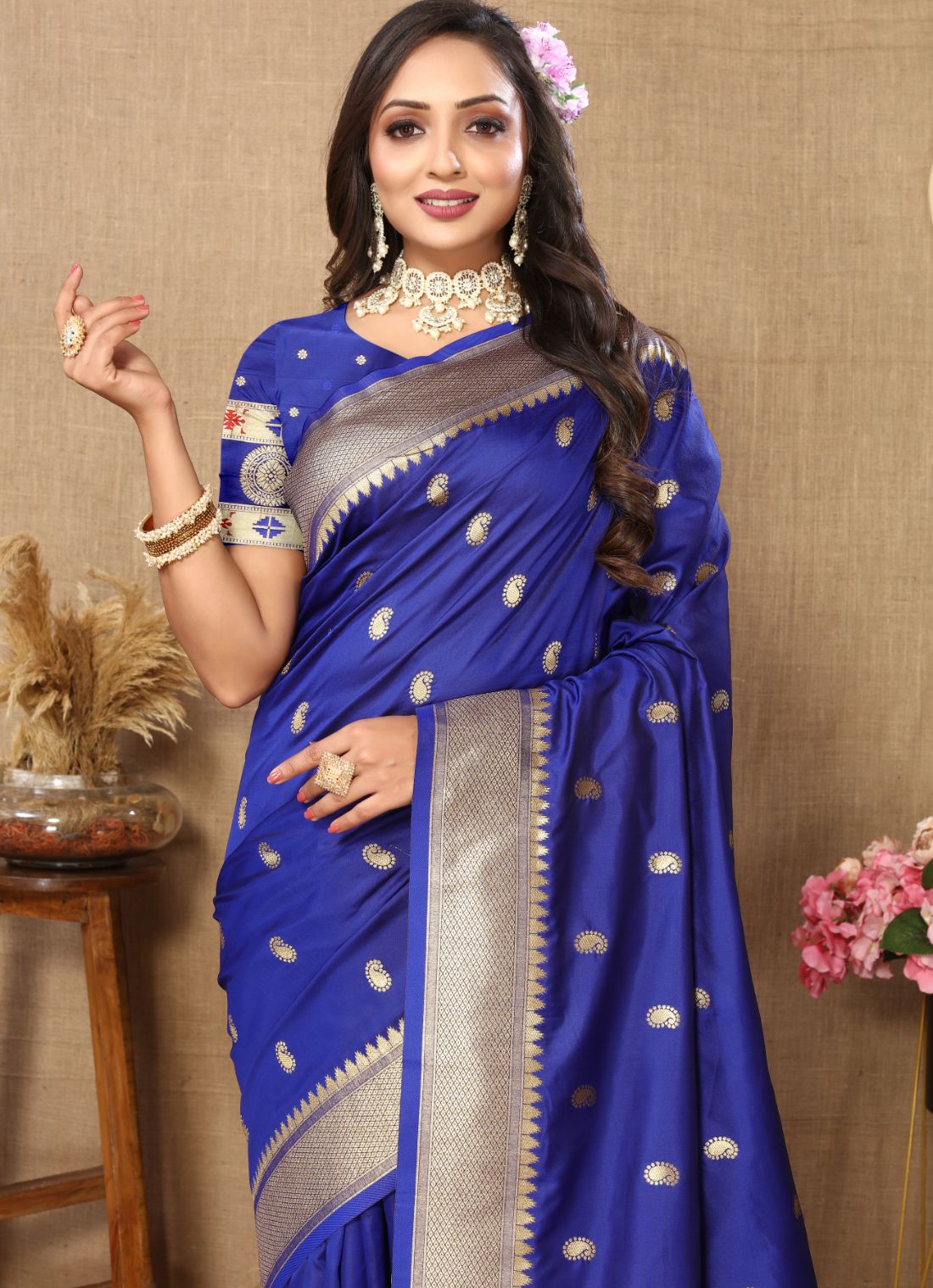 Royal Blue Color Zari Woven Soft Paithani Silk Sarees With Rich Weaving Pallu with tassels.