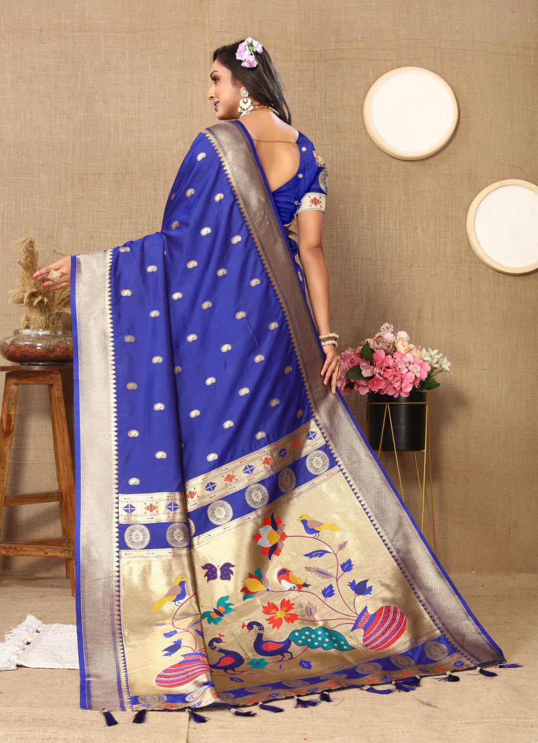 Royal Blue Color Zari Woven Soft Paithani Silk Sarees With Rich Weaving Pallu with tassels.