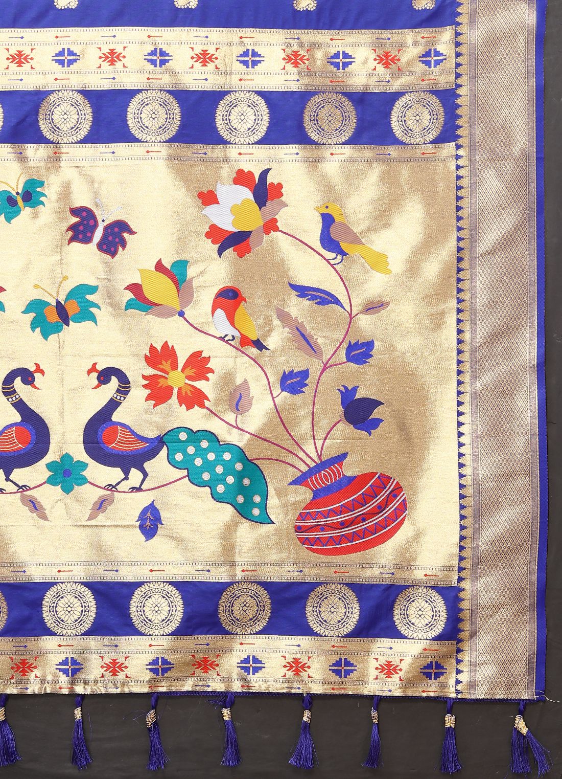Royal Blue Color Zari Woven Soft Paithani Silk Sarees With Rich Weaving Pallu with tassels.