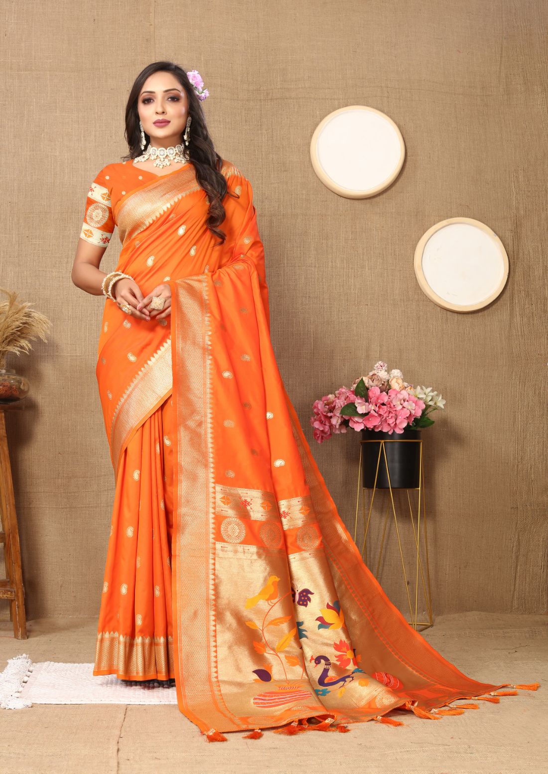 Orange Color Zari Woven Soft Paithani Silk Sarees With Rich Weaving Pallu with tassels.
