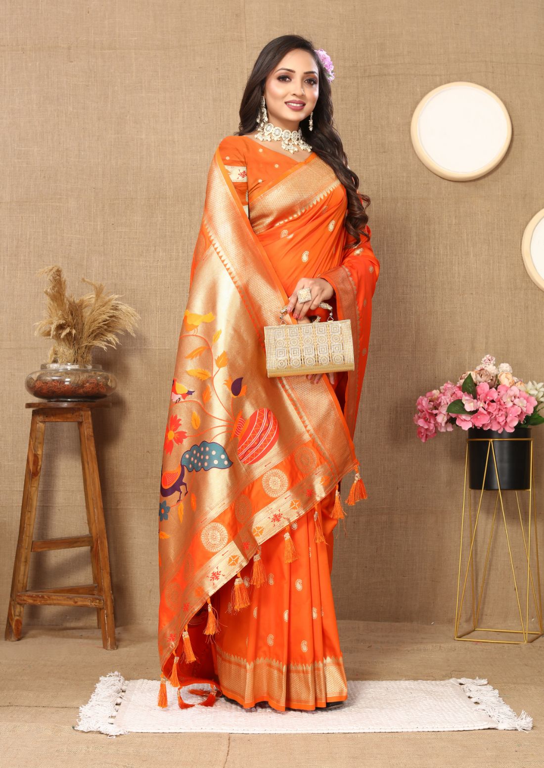 Orange Color Zari Woven Soft Paithani Silk Sarees With Rich Weaving Pallu with tassels.