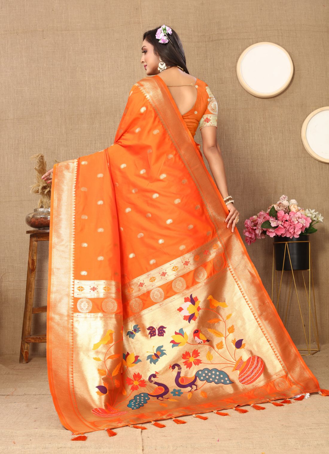 Orange Color Zari Woven Soft Paithani Silk Sarees With Rich Weaving Pallu with tassels.