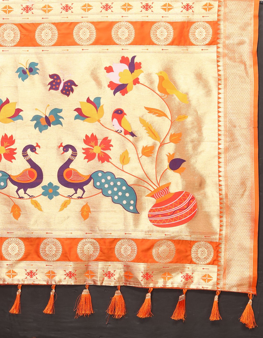 Orange Color Zari Woven Soft Paithani Silk Sarees With Rich Weaving Pallu with tassels.