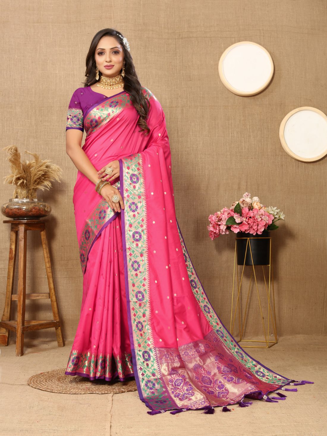 Pink Color Golden Zari Woven Soft Paithani Silk Sarees With Rich Weaving Pallu with tassels.