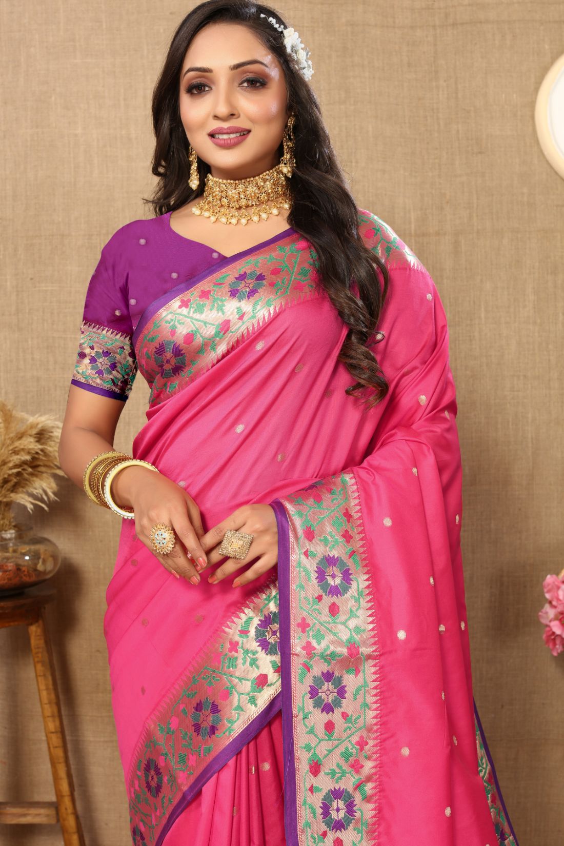 Pink Color Golden Zari Woven Soft Paithani Silk Sarees With Rich Weaving Pallu with tassels.