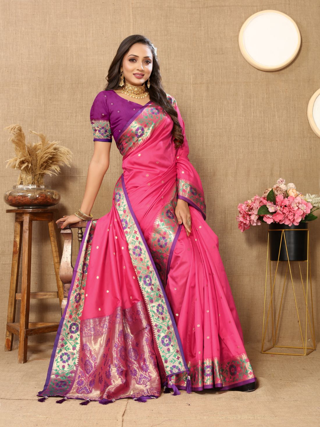 Pink Color Golden Zari Woven Soft Paithani Silk Sarees With Rich Weaving Pallu with tassels.