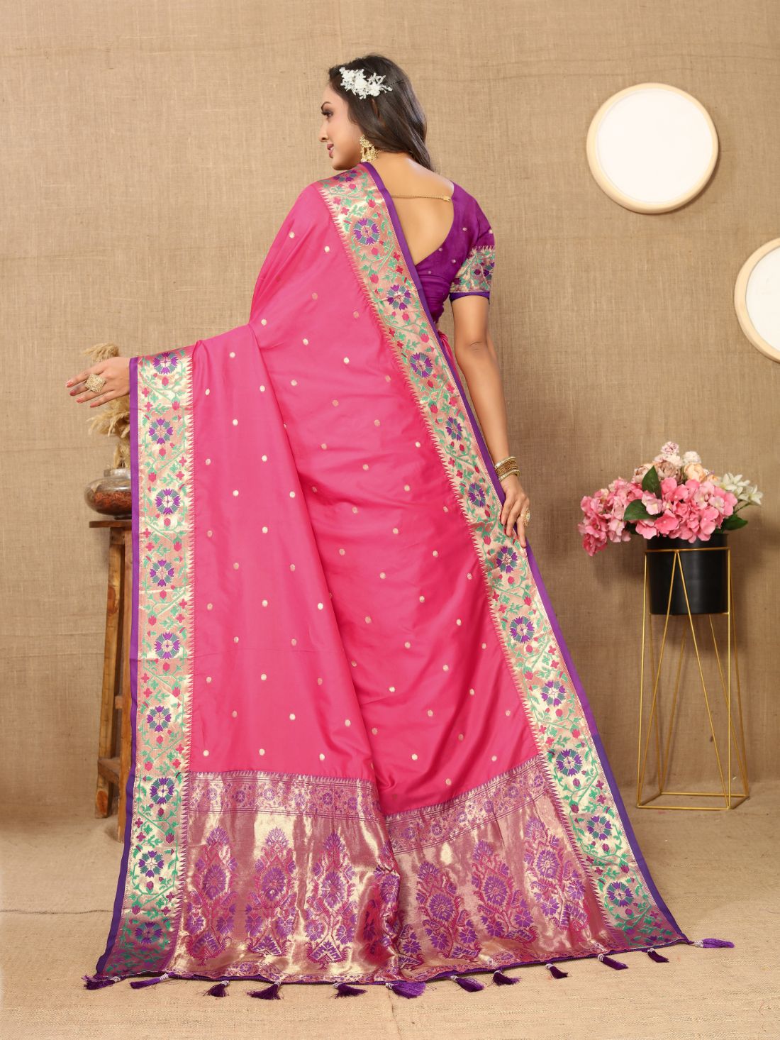 Pink Color Golden Zari Woven Soft Paithani Silk Sarees With Rich Weaving Pallu with tassels.