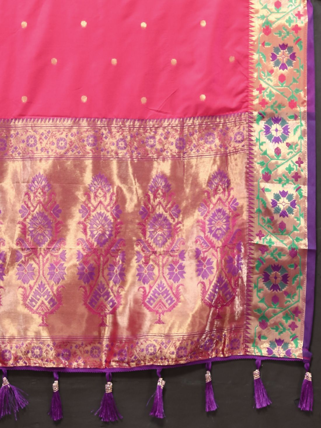 Pink Color Golden Zari Woven Soft Paithani Silk Sarees With Rich Weaving Pallu with tassels.