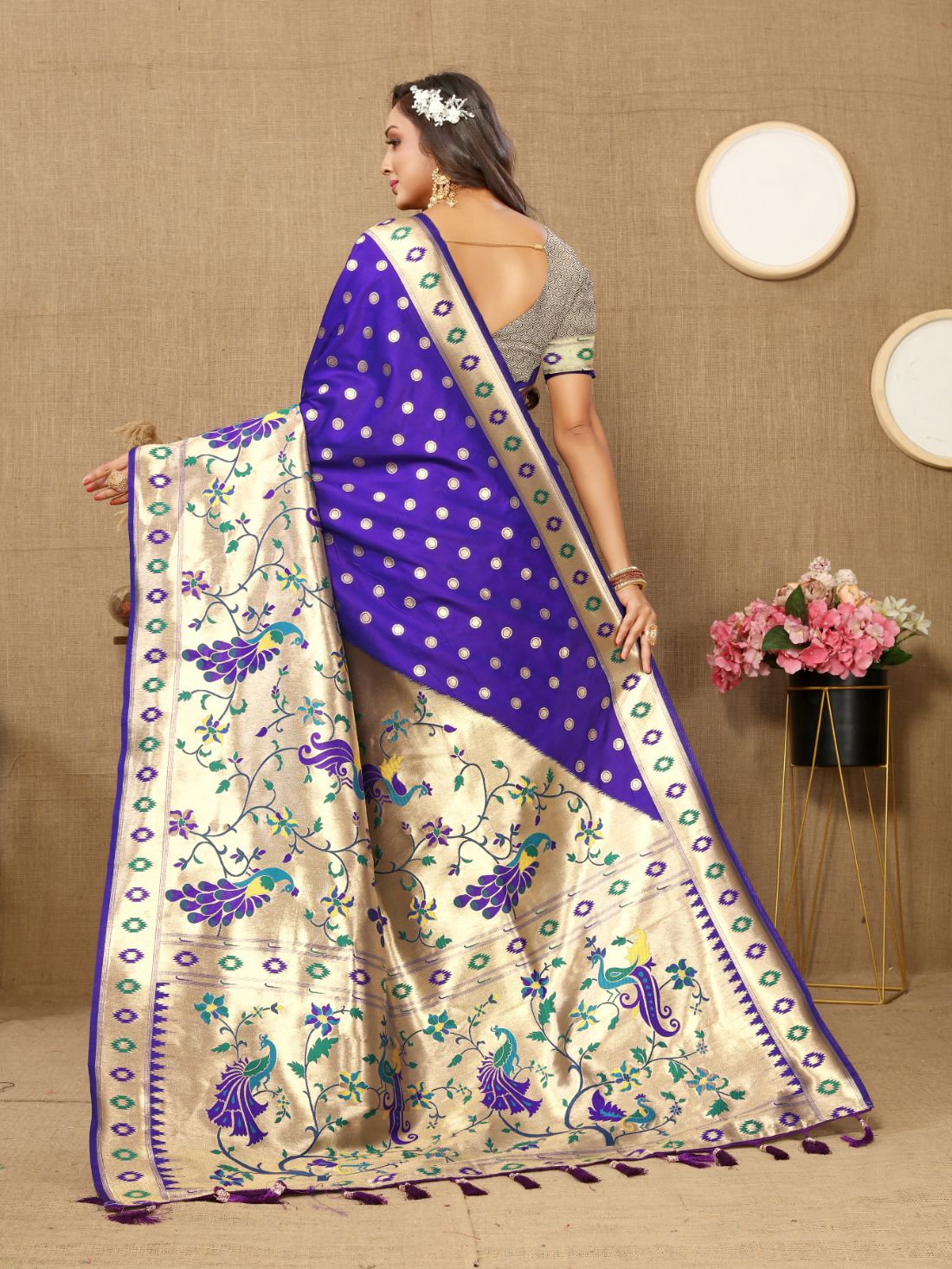 Royal Blue Color Zari Woven Soft Paithani Silk Sarees With Rich Weaving Pallu with tassels.