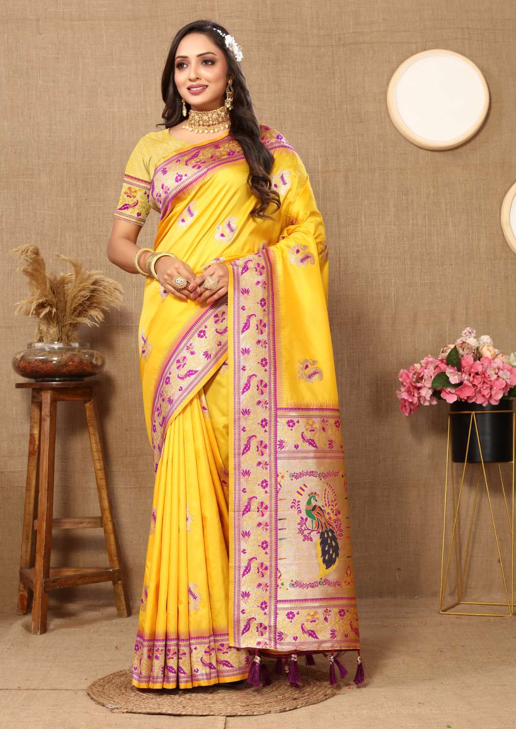 Yellow Color Zari Woven Soft Paithani Silk Sarees With Rich Weaving Pallu with tassels.