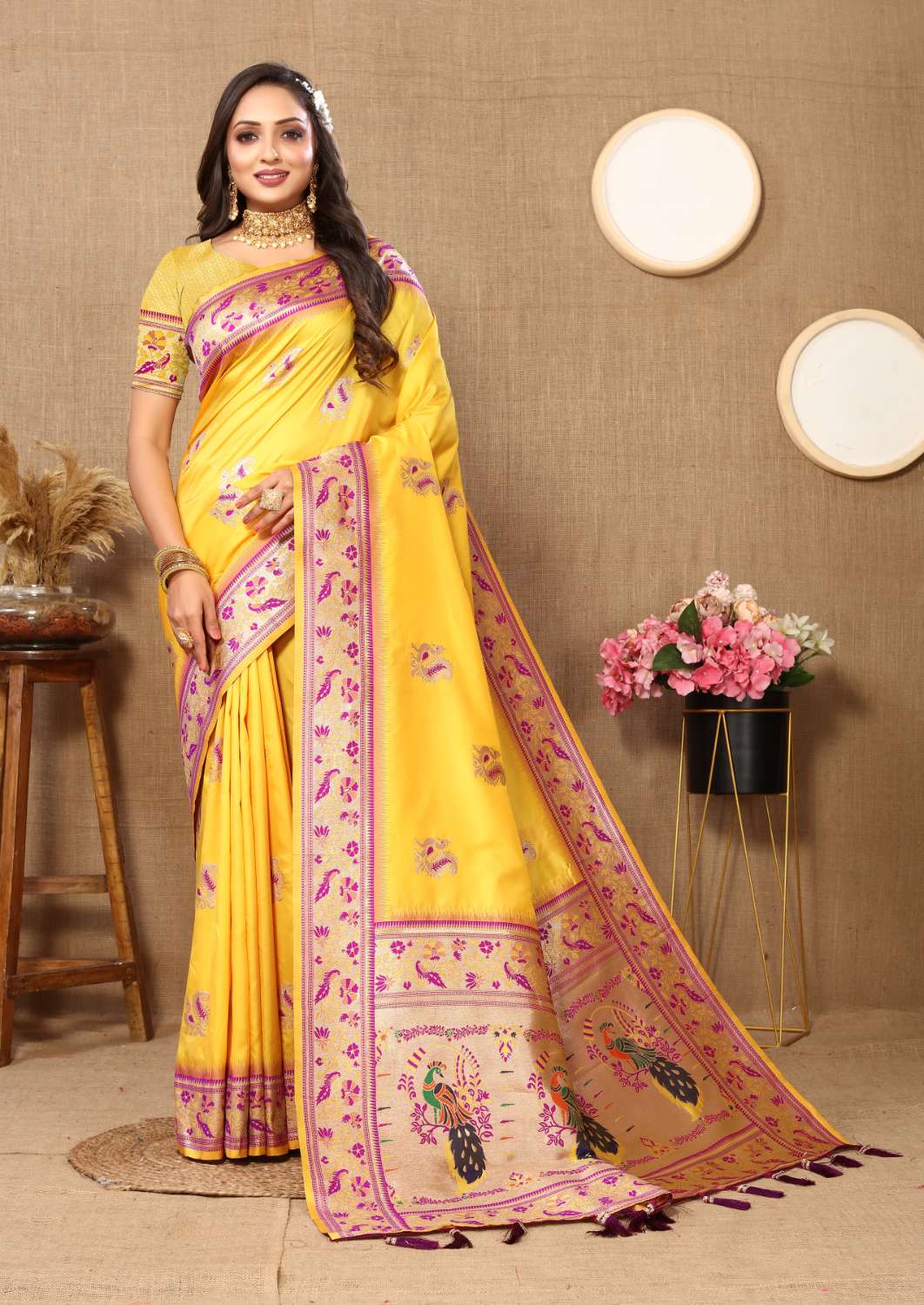 Yellow Color Zari Woven Soft Paithani Silk Sarees With Rich Weaving Pallu with tassels.
