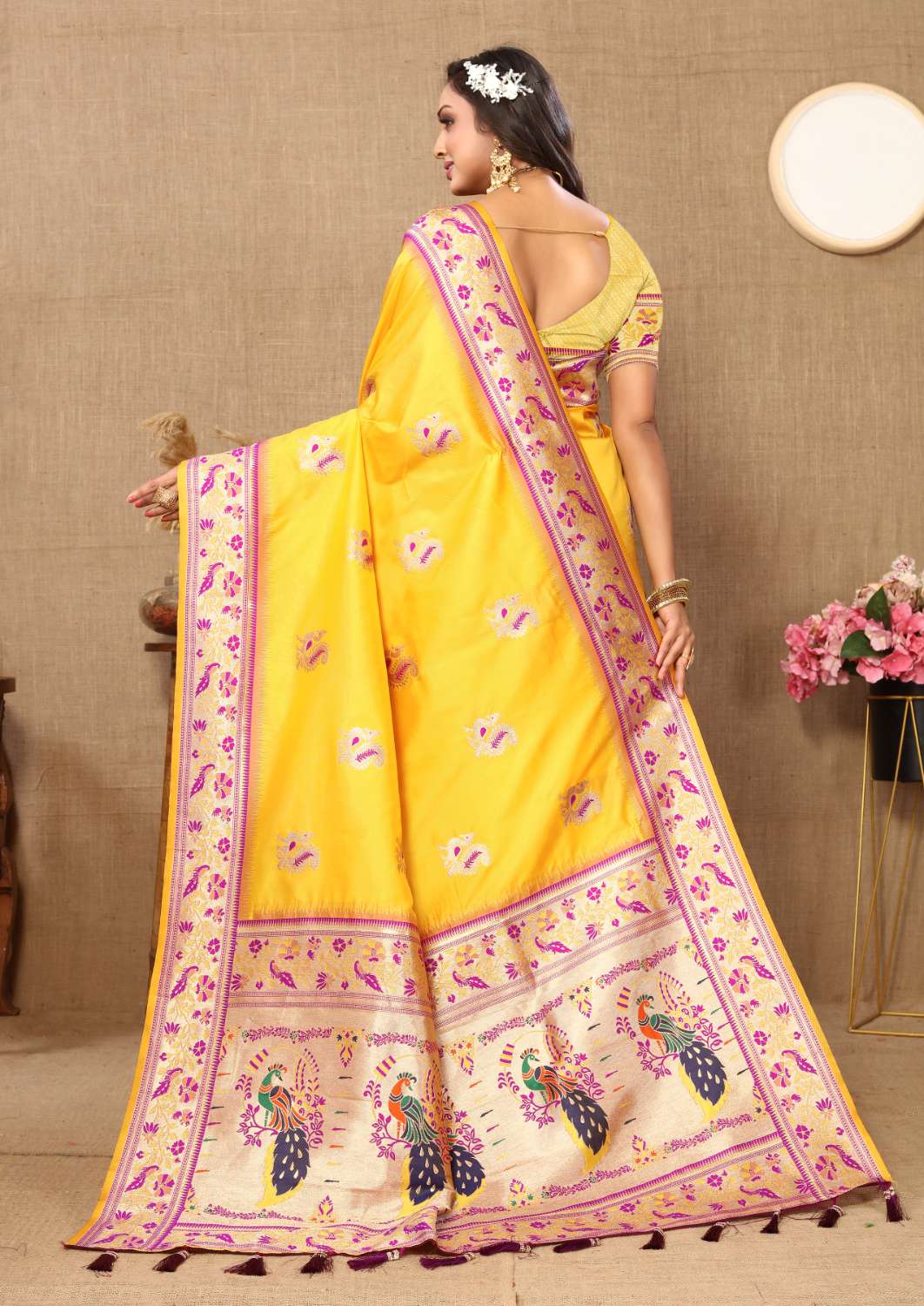 Yellow Color Zari Woven Soft Paithani Silk Sarees With Rich Weaving Pallu with tassels.
