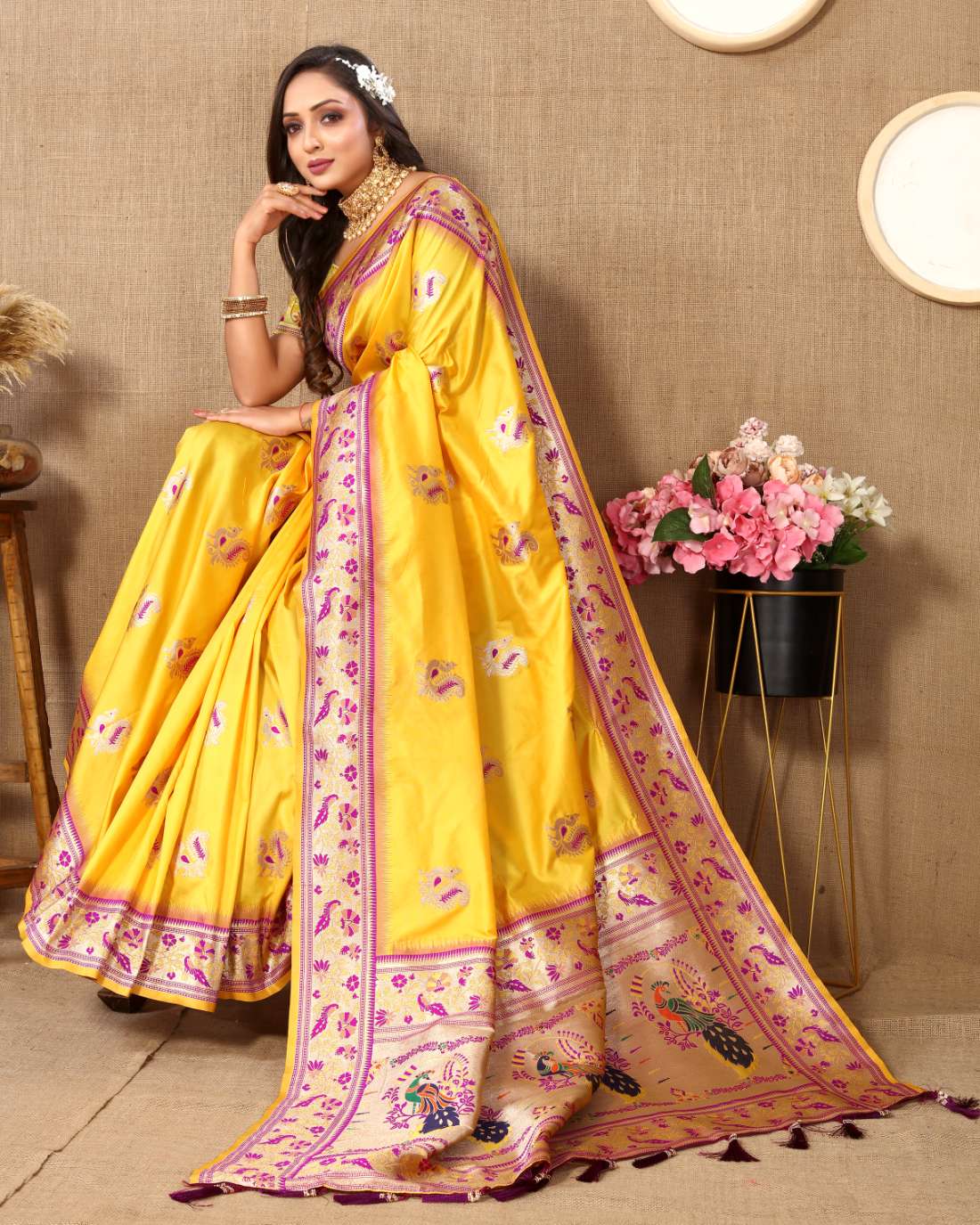 Yellow Color Zari Woven Soft Paithani Silk Sarees With Rich Weaving Pallu with tassels.