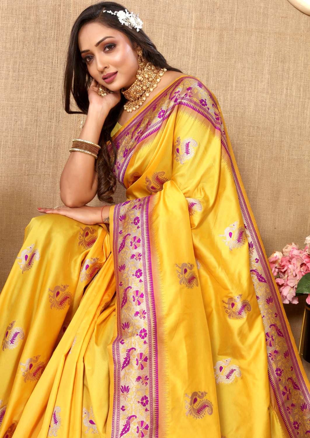 Yellow Color Zari Woven Soft Paithani Silk Sarees With Rich Weaving Pallu with tassels.