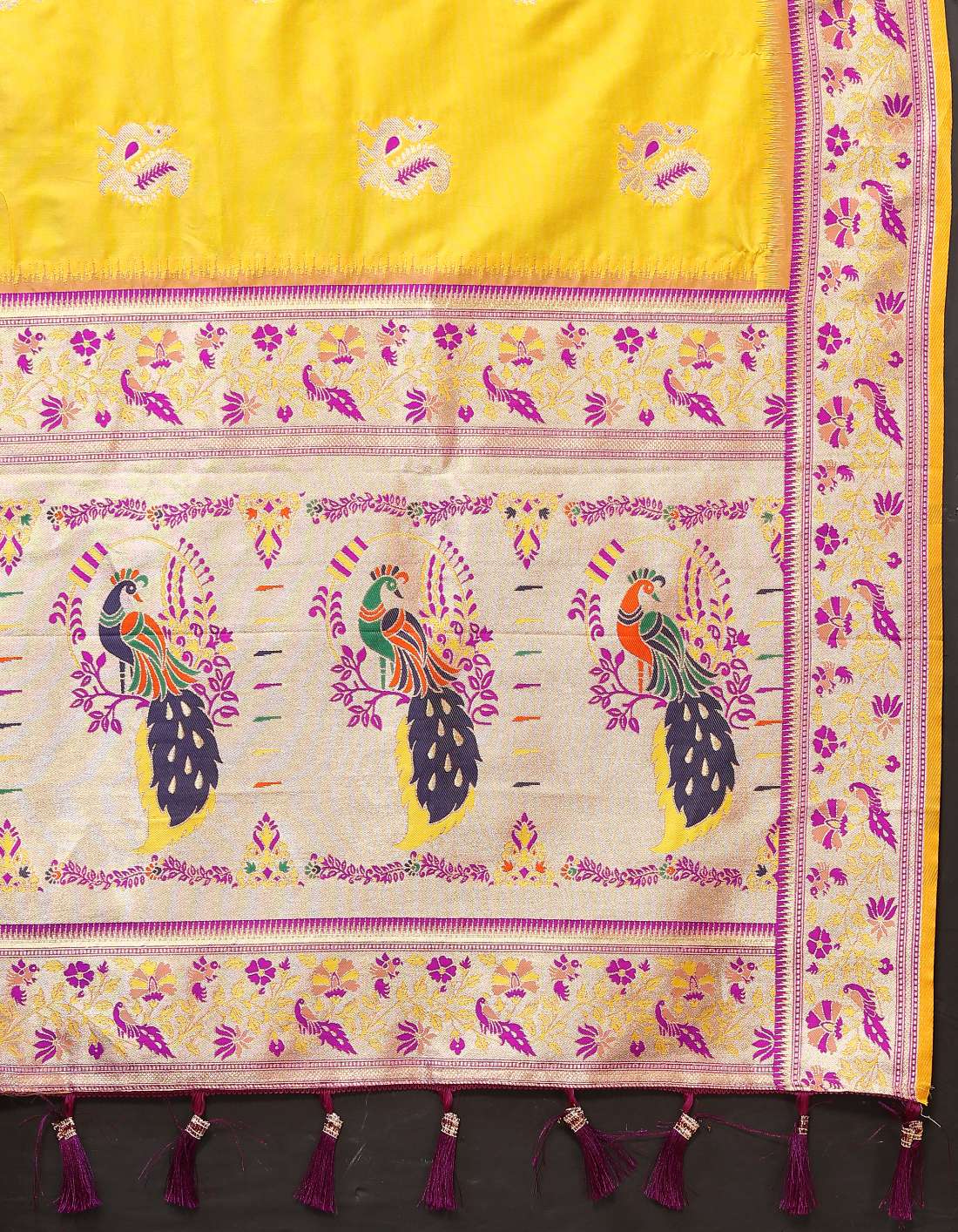 Yellow Color Zari Woven Soft Paithani Silk Sarees With Rich Weaving Pallu with tassels.