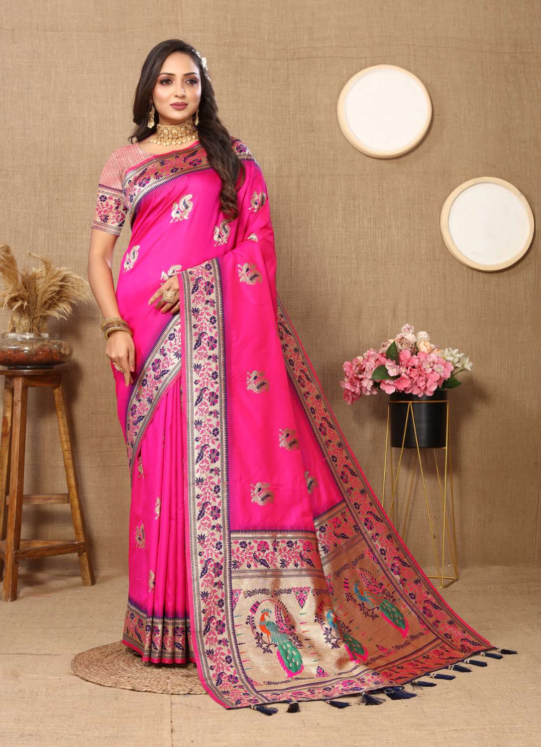 Pink Color Zari Woven Soft Paithani Silk Sarees With Rich Weaving Pallu with tassels.