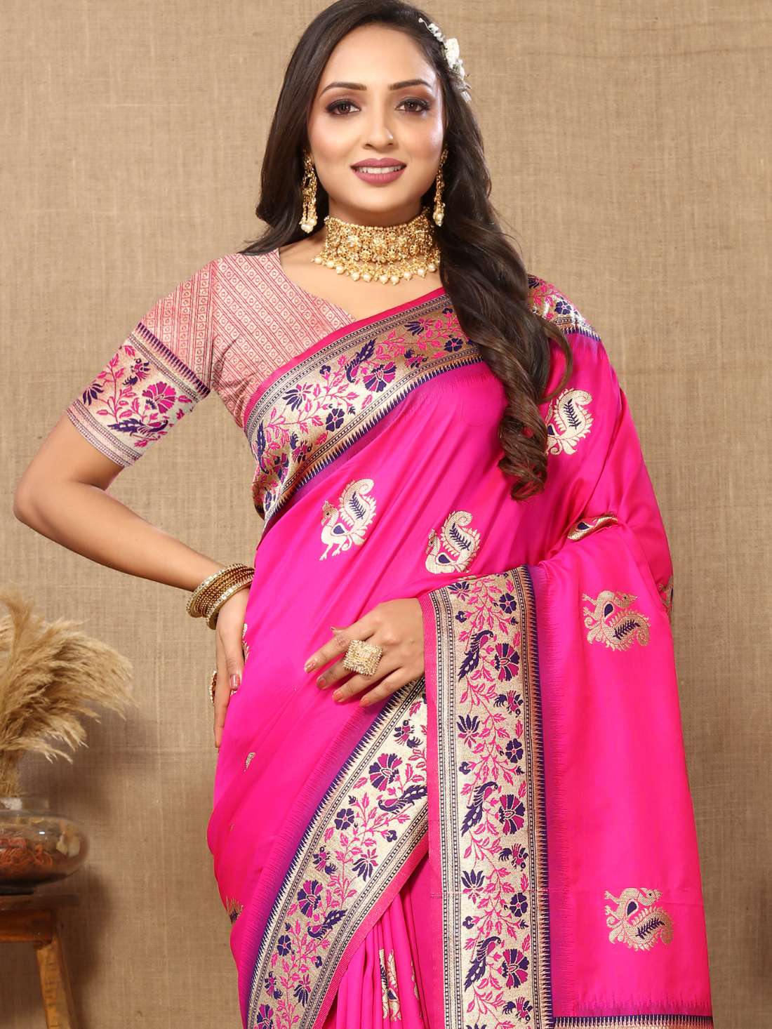 Pink Color Zari Woven Soft Paithani Silk Sarees With Rich Weaving Pallu with tassels.