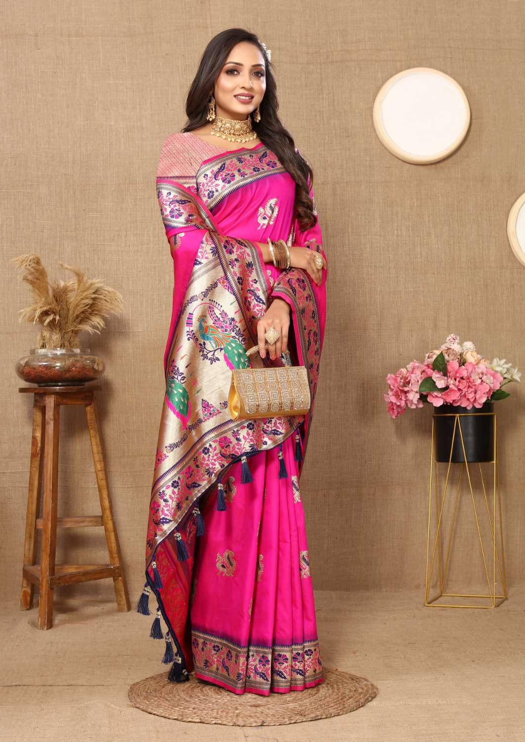 Pink Color Zari Woven Soft Paithani Silk Sarees With Rich Weaving Pallu with tassels.